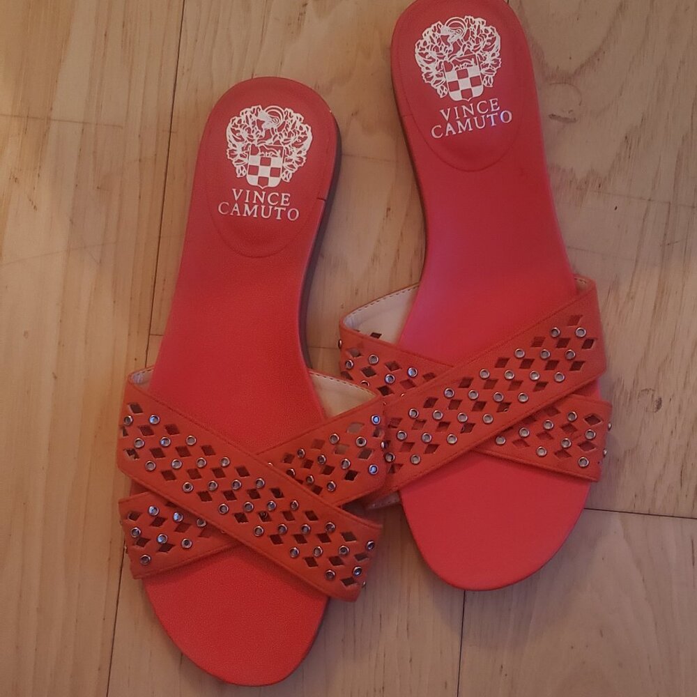 Vince Camuto Endana Slides Orange Leather Sandals Embellished Size 7.5W